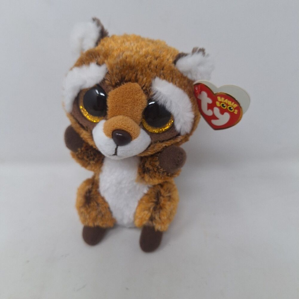 TY Beanie Boos Rusty The Raccoon Stuffed Animal Plush Toy Brown White Gold Eyes
